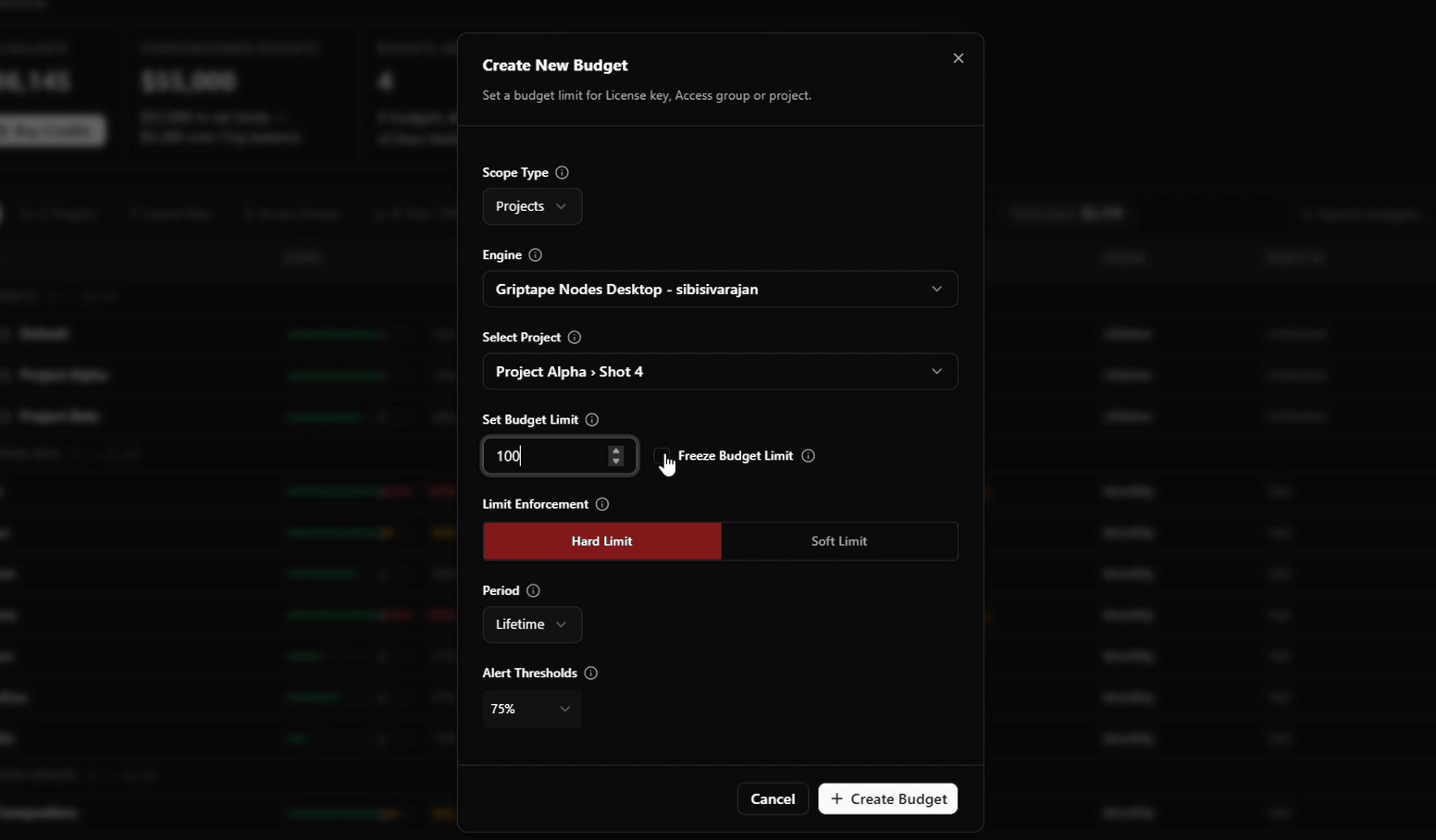 The Create New Budget dialog: a Freeze Budget Limit checkbox next to the budget amount, and Hard Limit or Soft Limit as a segmented control beneath it