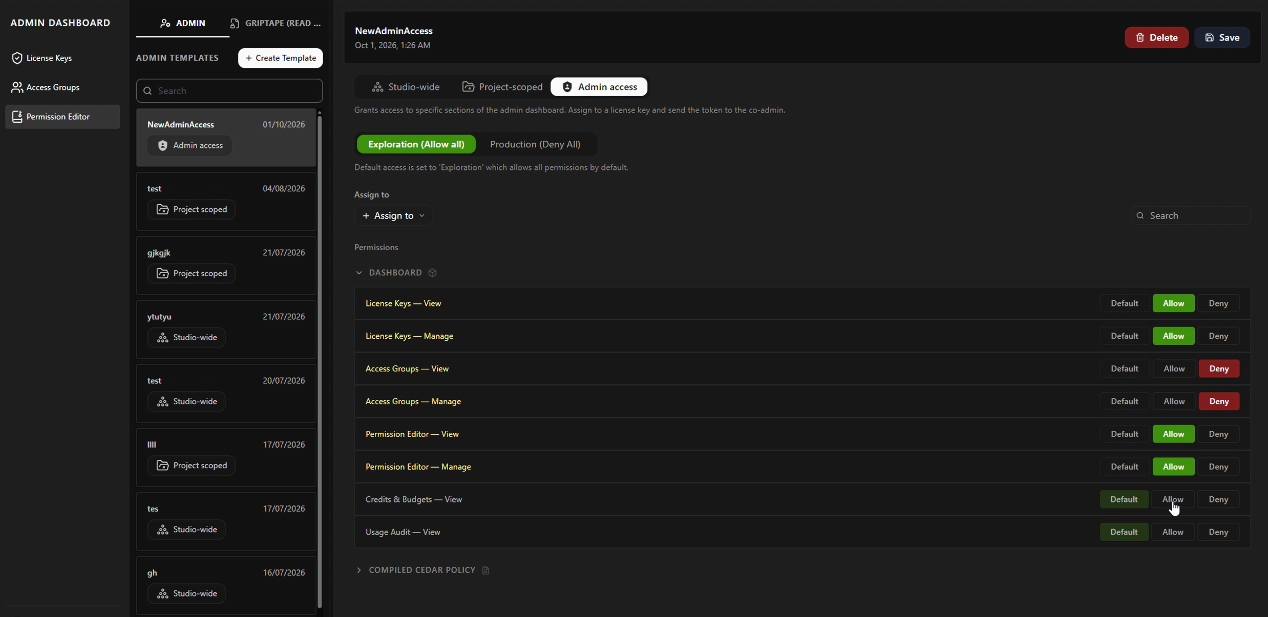 The permission editor on its Admin access scope, next to Studio-wide and Project-scoped: the same posture switch and Default, Allow and Deny control, with rows for viewing and managing licence keys, access groups, the permission editor, credits and budgets, and usage audit