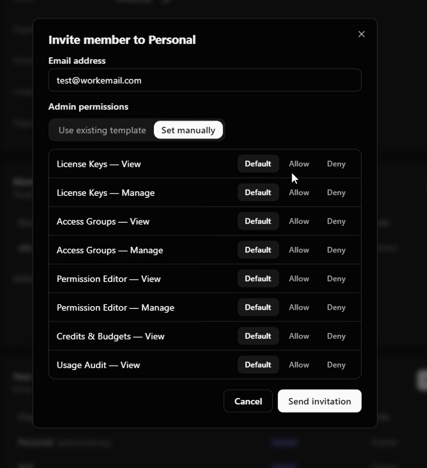 The Invite member dialog: an email address, then admin permissions set either from an existing template or manually with the same Default, Allow and Deny control per dashboard capability