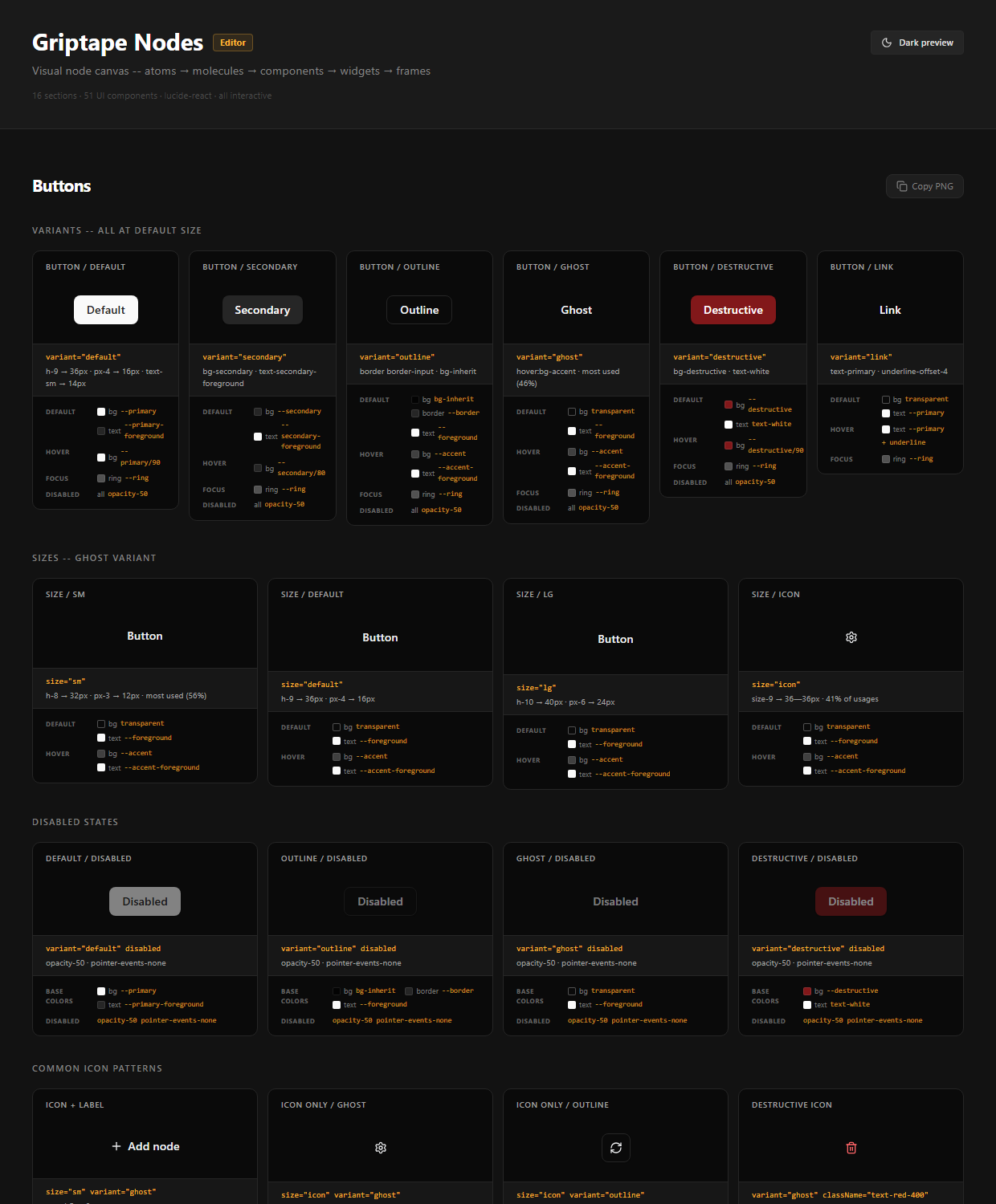 UI library page showing every button variant and size