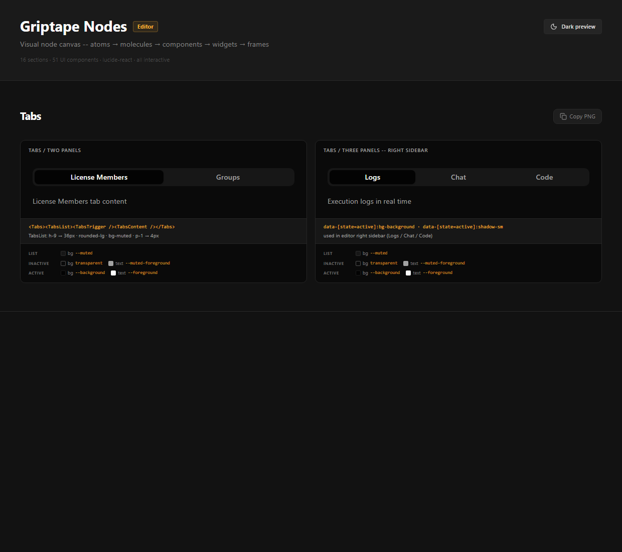 UI library page showing the standard tab style