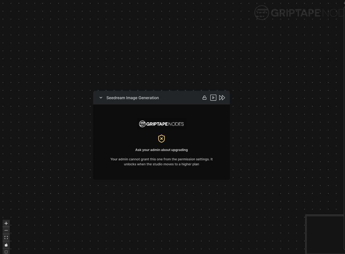 A Seedream Image Generation node showing that the admin cannot grant it from the permission settings and it unlocks when the studio moves to a higher plan