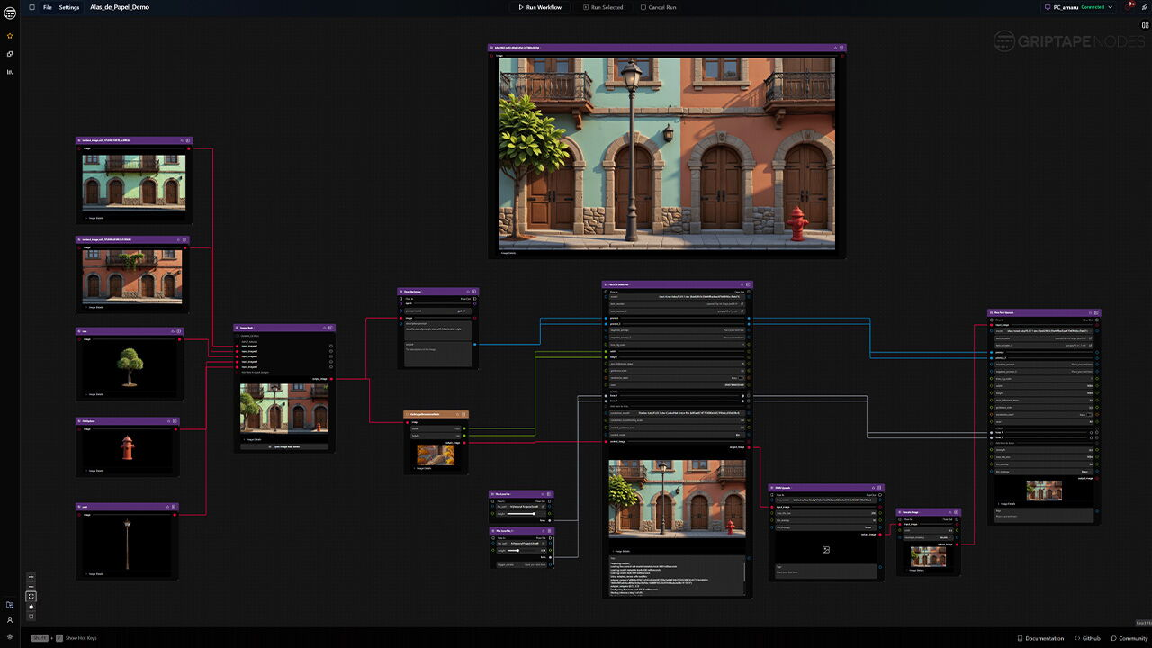 Griptape Nodes canvas: an artist's workflow combining building, tree, hydrant and lamp post images into one generated street scene
