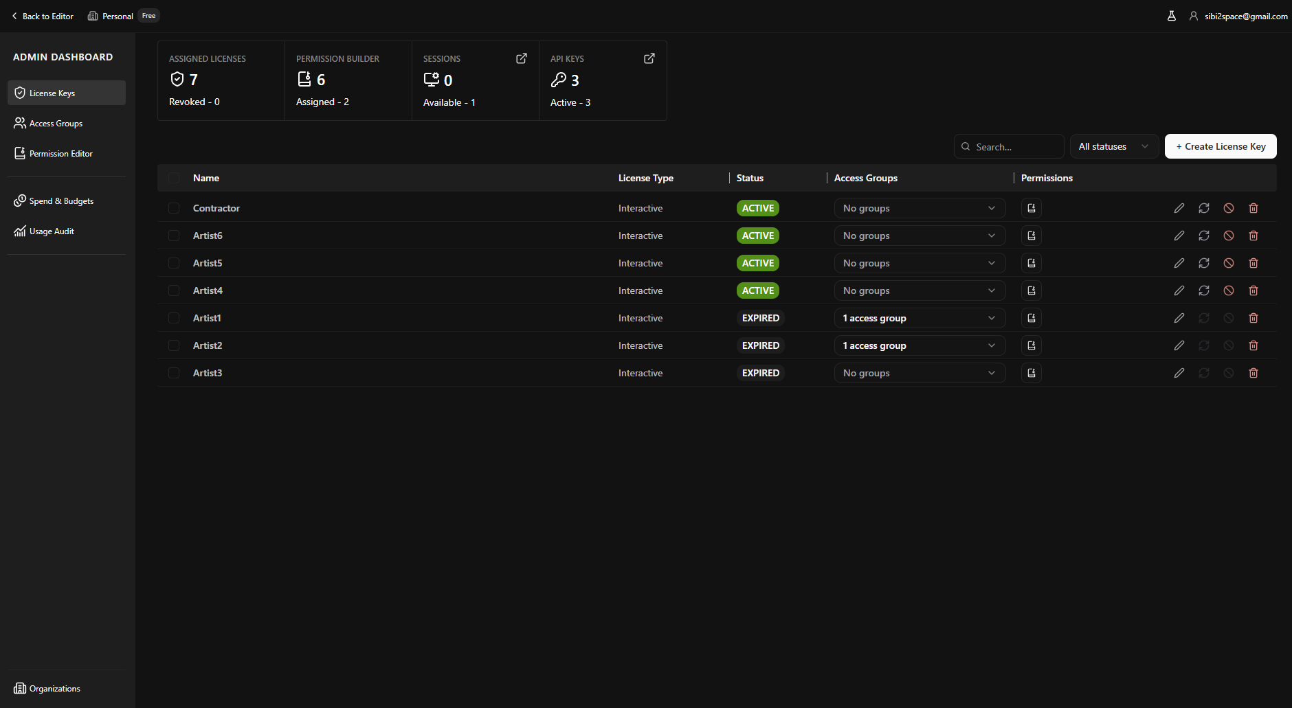 License keys table with status, access groups and permissions per key