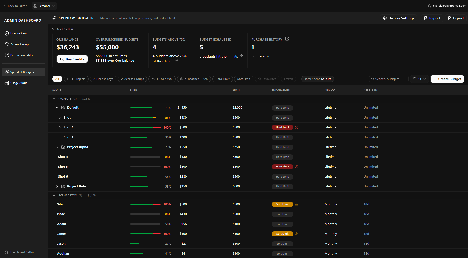 Spend and budgets dashboard with budget limits, enforcement and usage per project and license key