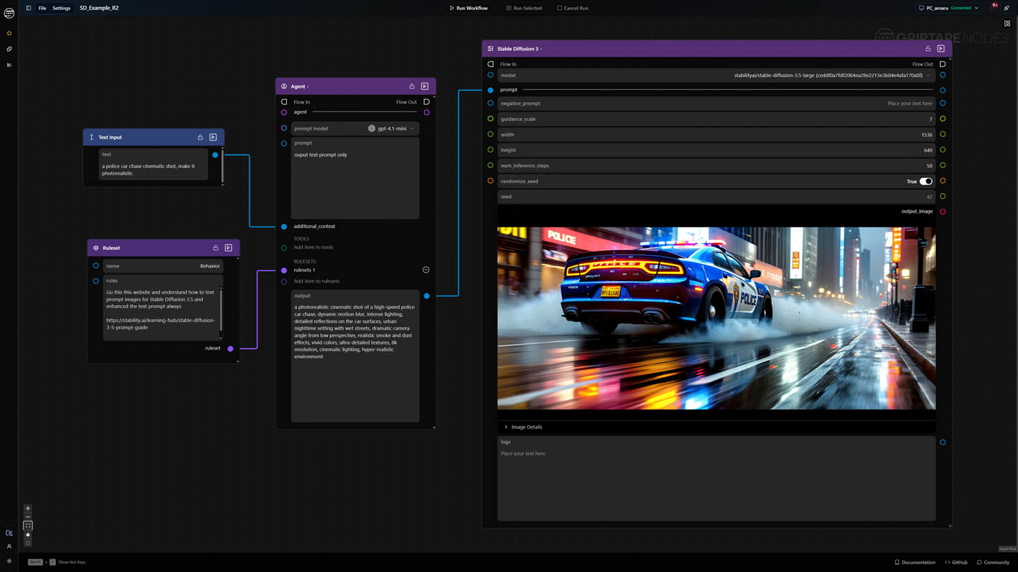 A Griptape Nodes workflow on the canvas, built from the design system components: a text input, ruleset and agent node feeding a Stable Diffusion node that generates a police car image