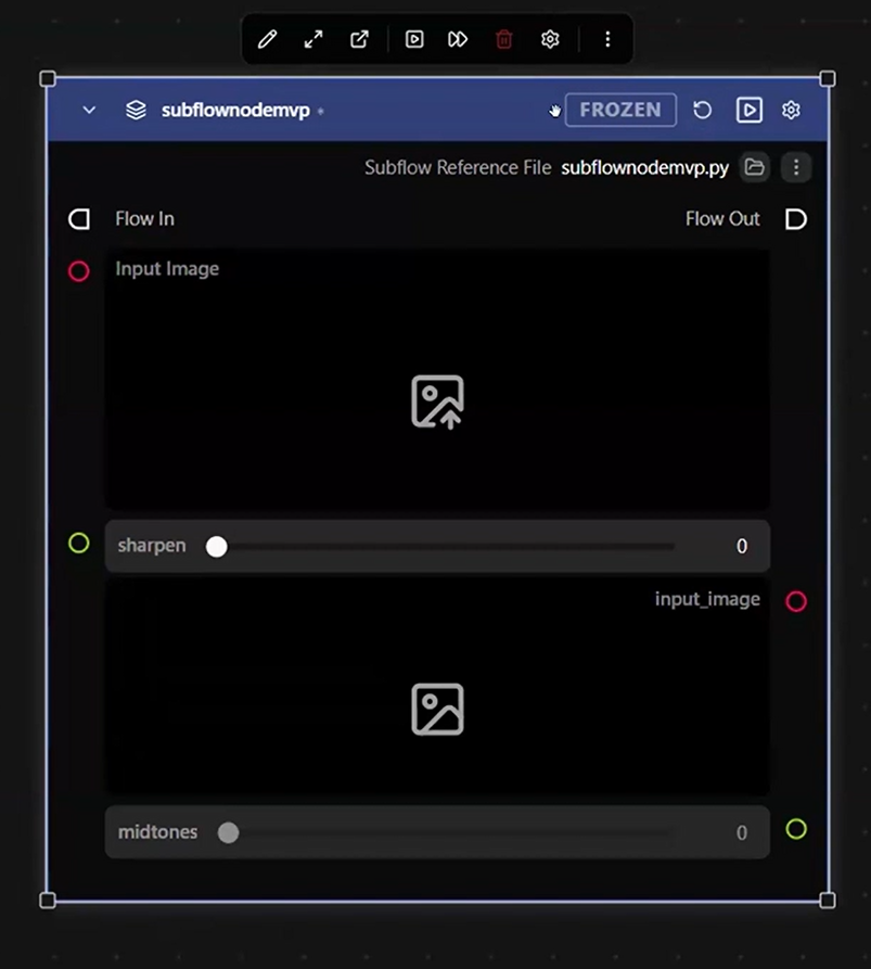 A referenced subflow node with a Frozen badge in its header and the reference file name below it
